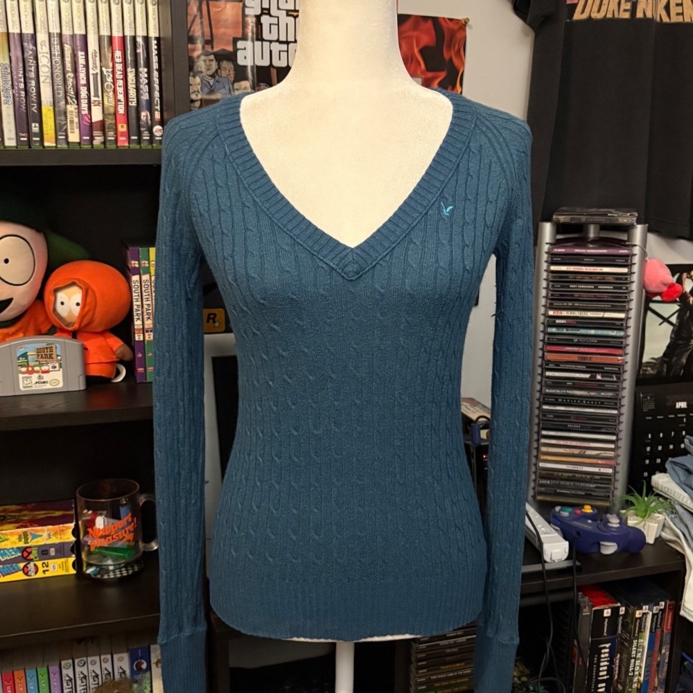 Vtg 00s American Eagle Teal Blue Cable‎ Knit V-Neck Sweater Sz S Slim Fit Logo